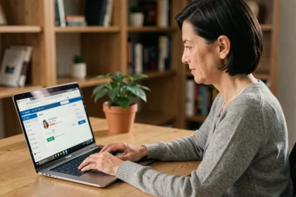 Femme utilisant la messagerie académique Orléans-Tours sur un ordinateur portable depuis son bureau à domicile