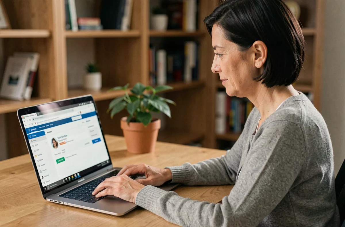 Femme utilisant la messagerie académique Orléans-Tours sur un ordinateur portable depuis son bureau à domicile