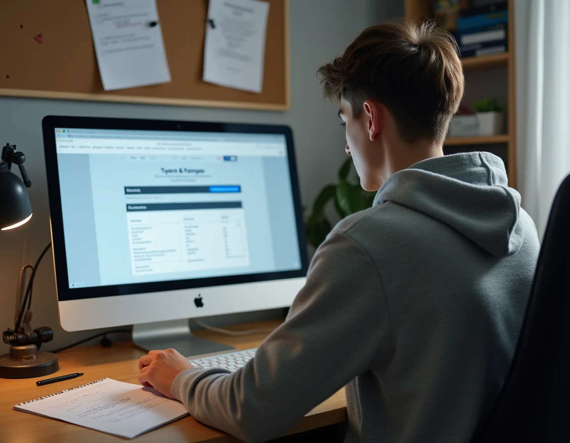 Lycéen activant son compte Cyclades sur ordinateur dans sa chambre avec des documents administratifs imprimés