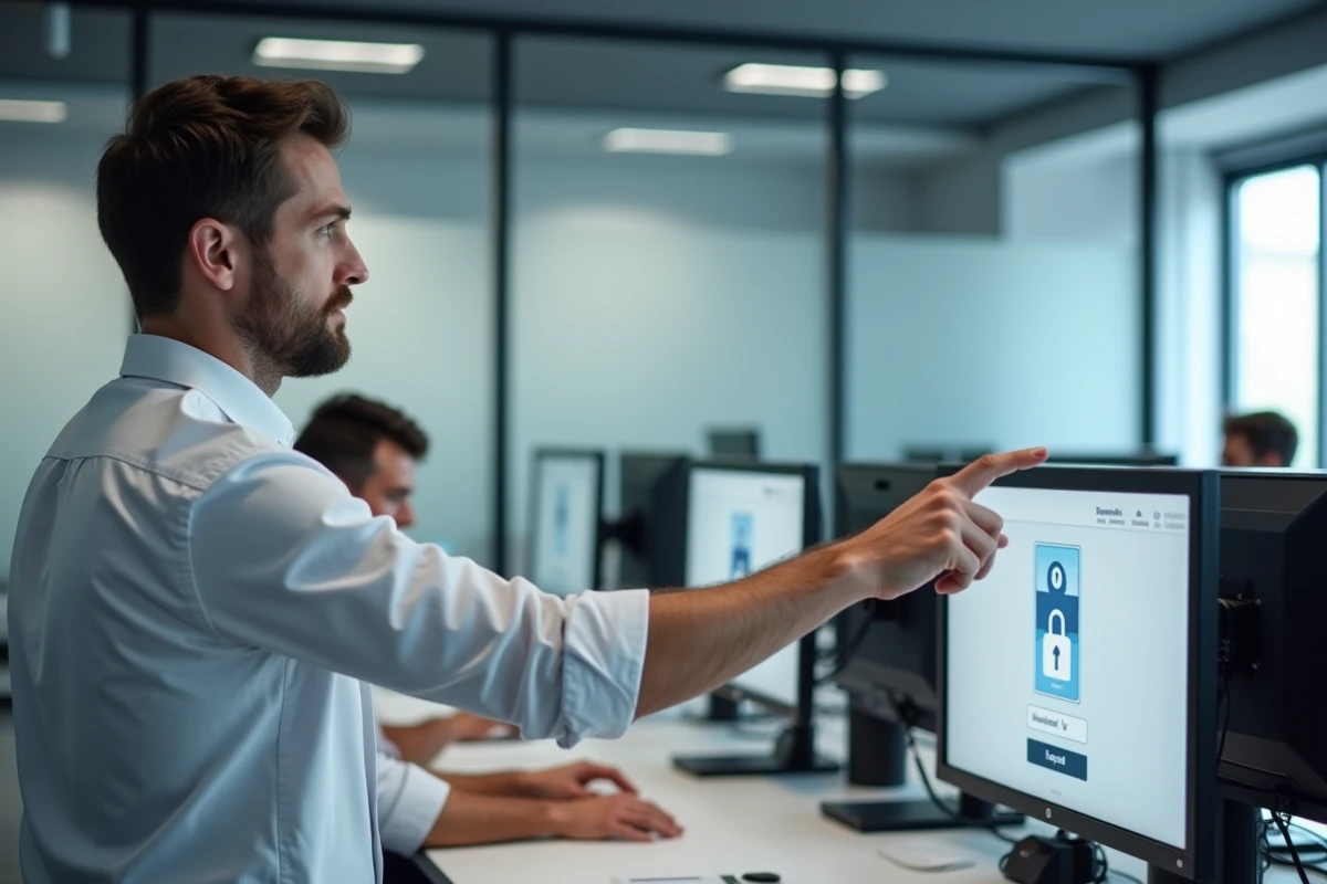 Administrateur informatique configurant une connexion sécurisée sur un portail éducatif dans un bureau scolaire moderne
