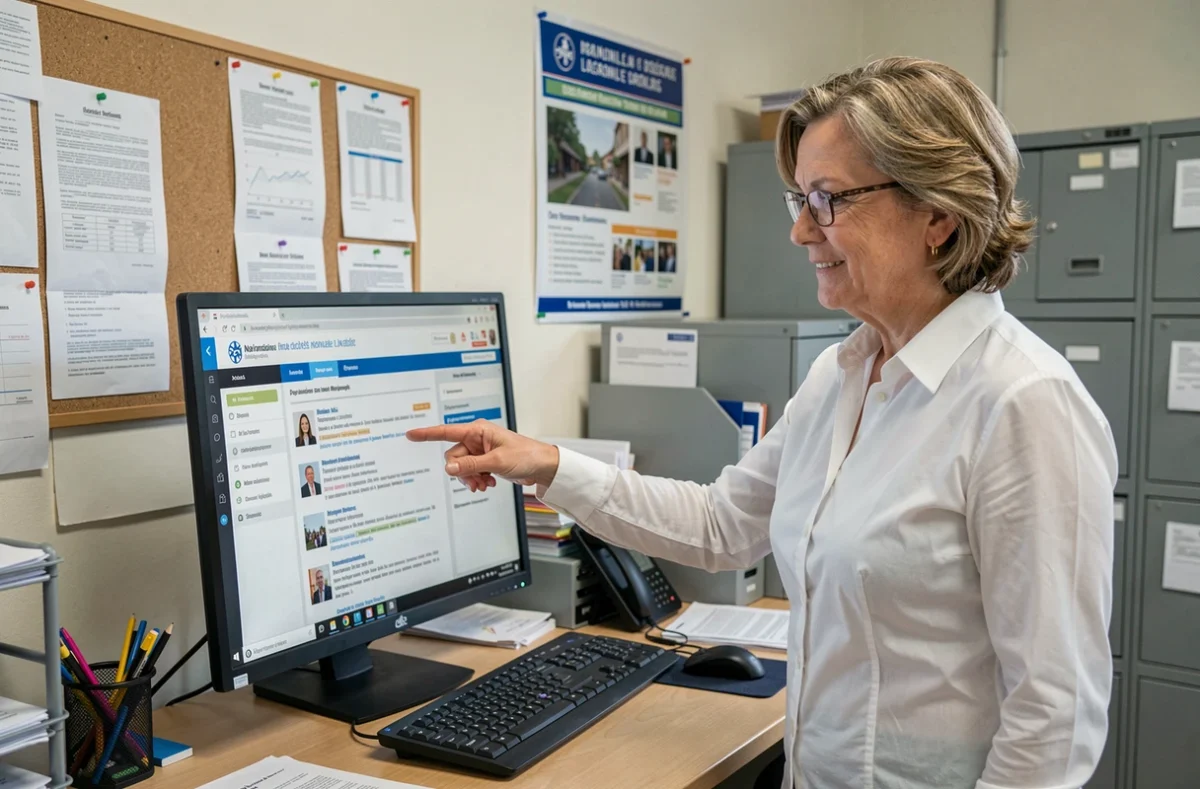 Administratrice scolaire expliquant la plateforme Cyclades sur un écran d'ordinateur dans un bureau