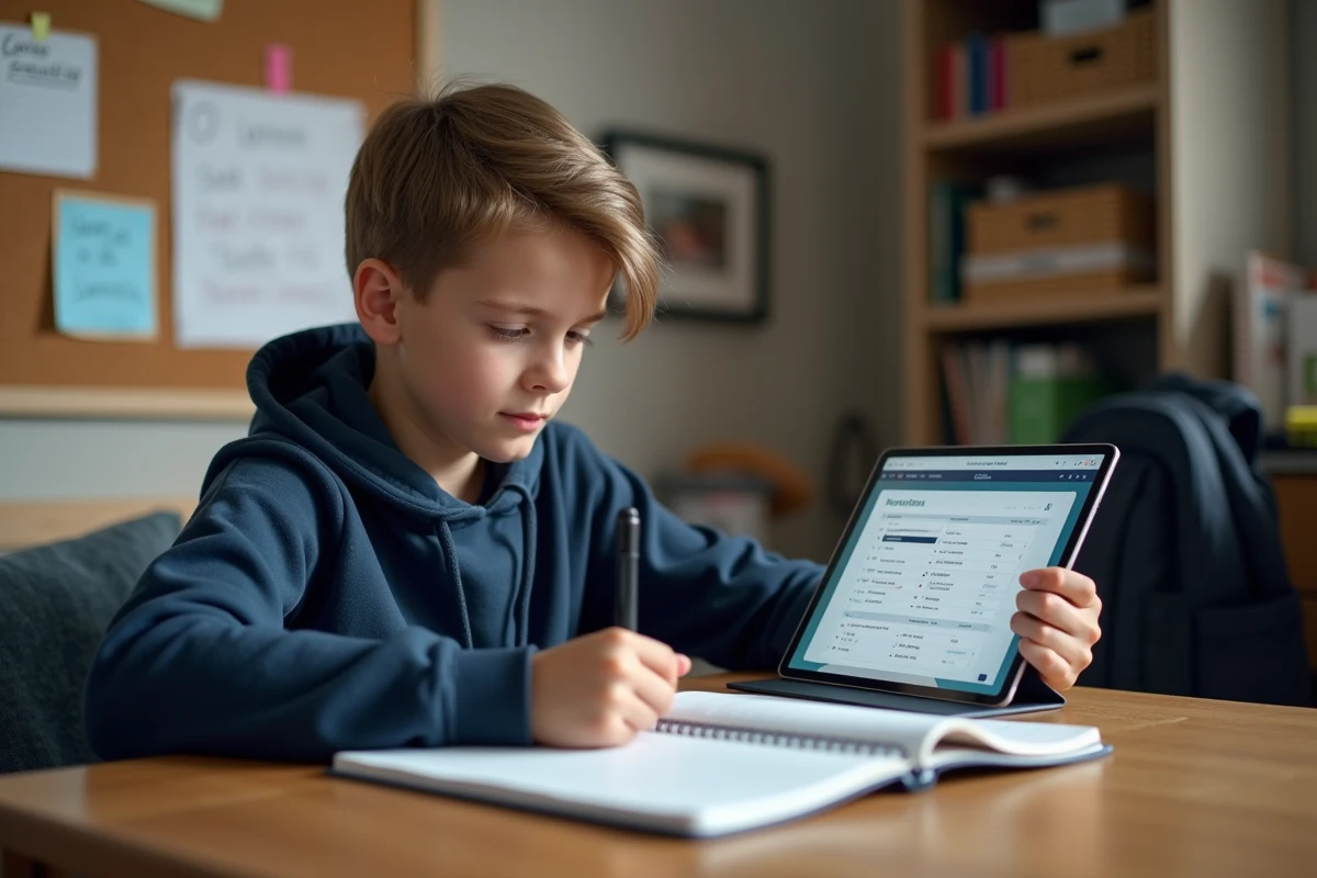 Adolescent vérifiant ses notes et devoirs sur une tablette numérique dans sa chambre d'étude