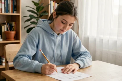Adolescente calme remplissant un test QI scolaire à son bureau dans une chambre cozy