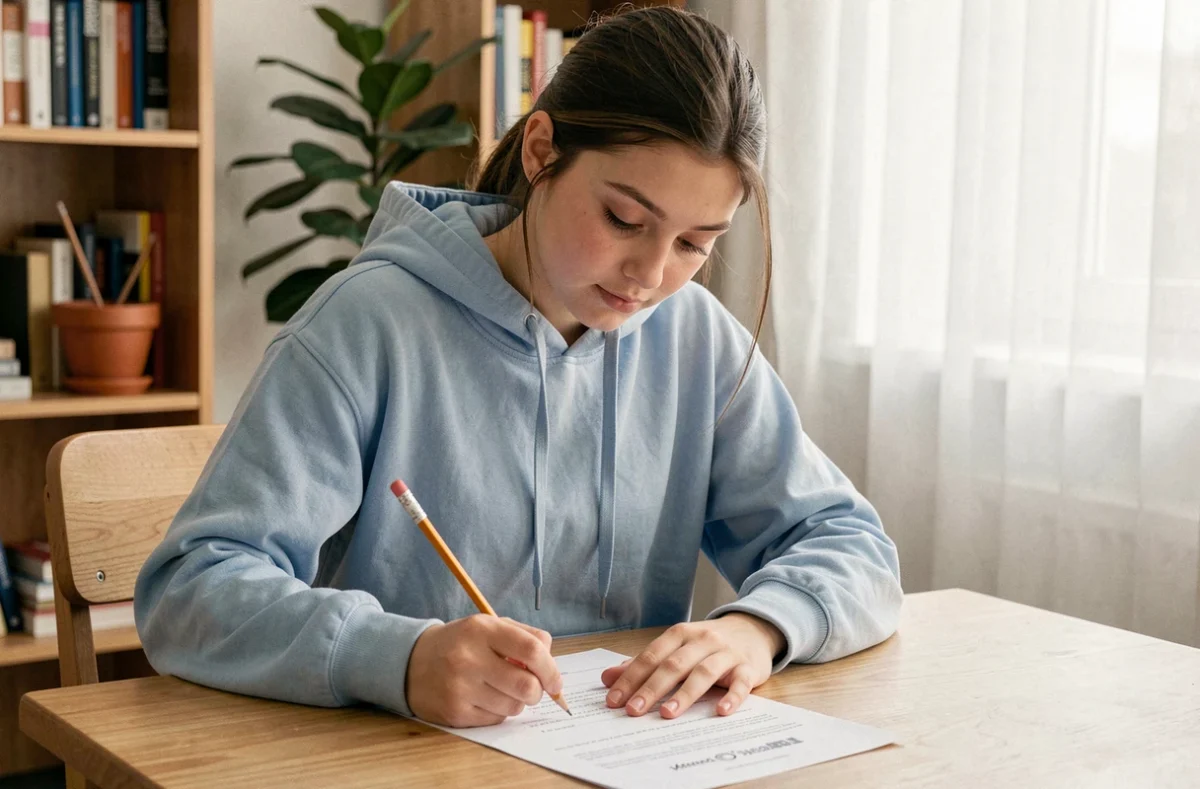 Adolescente calme remplissant un test QI scolaire à son bureau dans une chambre cozy