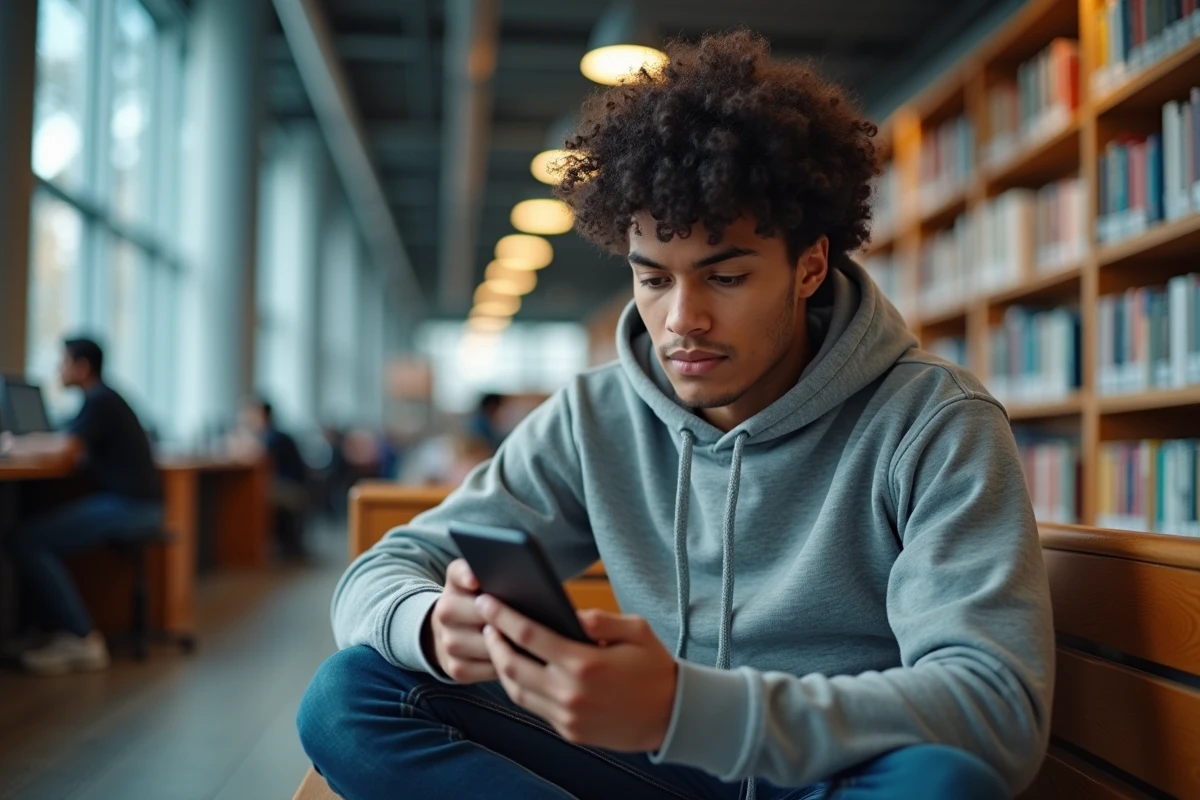 Étudiant consultant les alertes de sécurité de sa boite mail académique Aix Marseille sur smartphone dans une bibliothèque universitaire