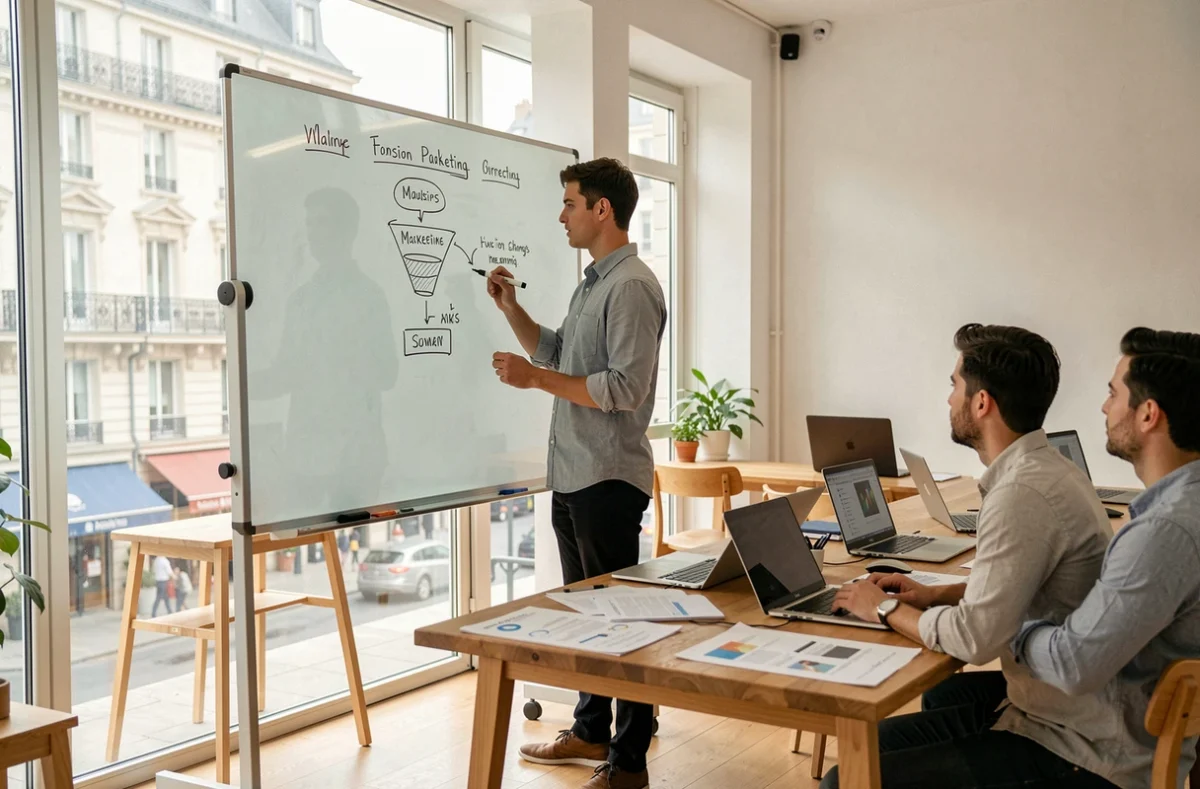 Jeune alternant en marketing digital présentant une stratégie digitale à des collègues dans un espace de coworking parisien