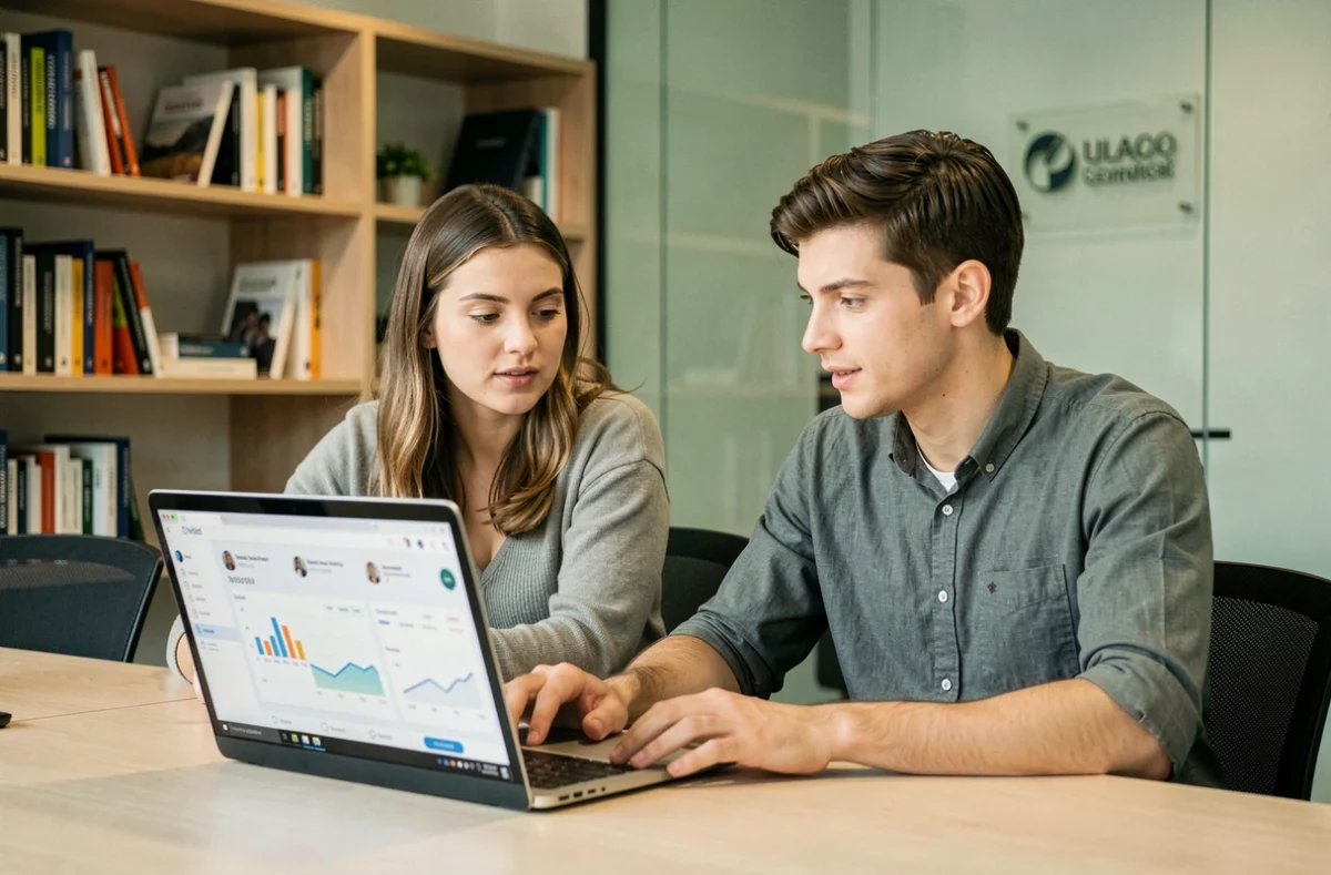 Deux étudiants en alternance marketing digital collaborant sur un projet dans une école de formation à Paris