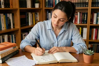 Jeune femme apprenant l'espagnol à son bureau, écrivant des mots avec des accents espagnols dans un cahier ouvert