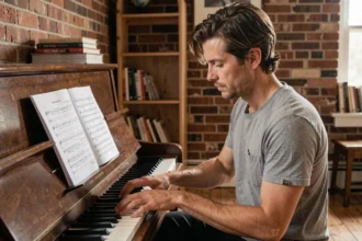 Guitariste déchiffrant une tablature de Let It Be des Beatles sur un piano droit dans un salon chaleureux