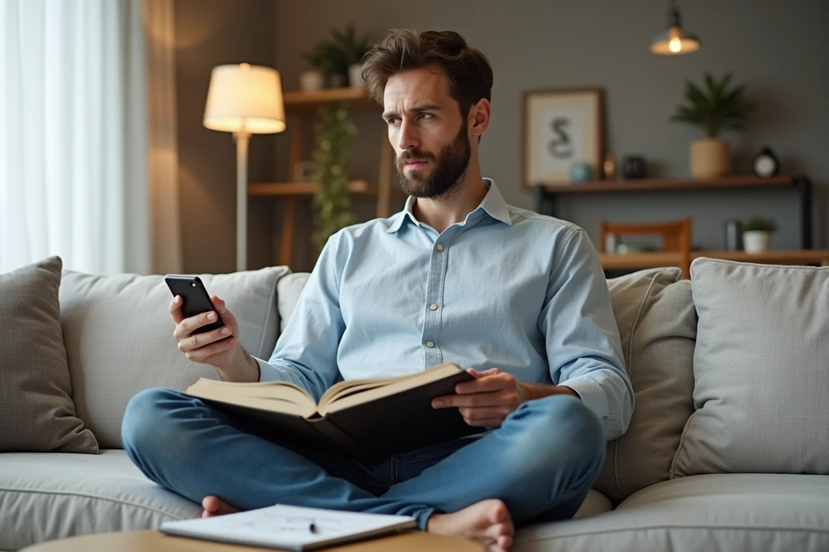 Homme autodidacte en apprentissage non structuré sur un canapé avec livres et tutoriels vidéo