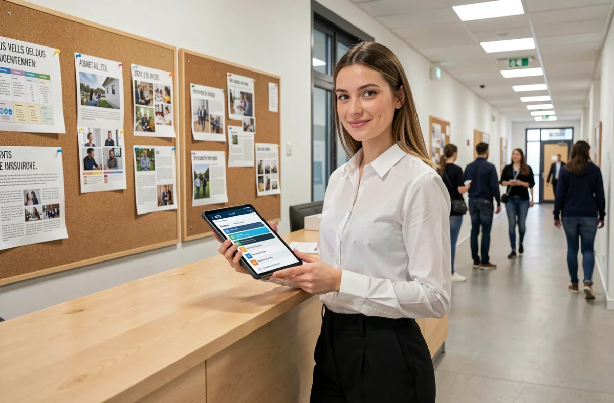 Étudiante en BTS alternance accueillant dans le hall moderne d'Athena Business School à Paris