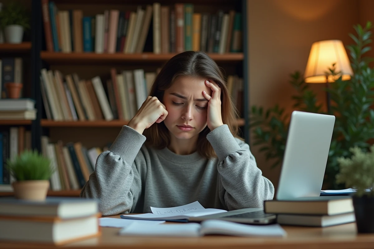 Jeune femme autodidacte frustrée devant un bureau encombré de livres et de cours en ligne inachevés