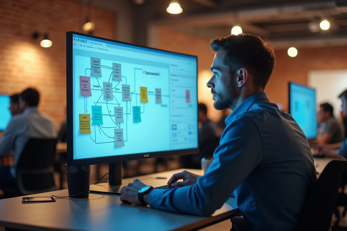 Jeune homme autodidacte dépassé par la planification de son apprentissage dans un espace de coworking