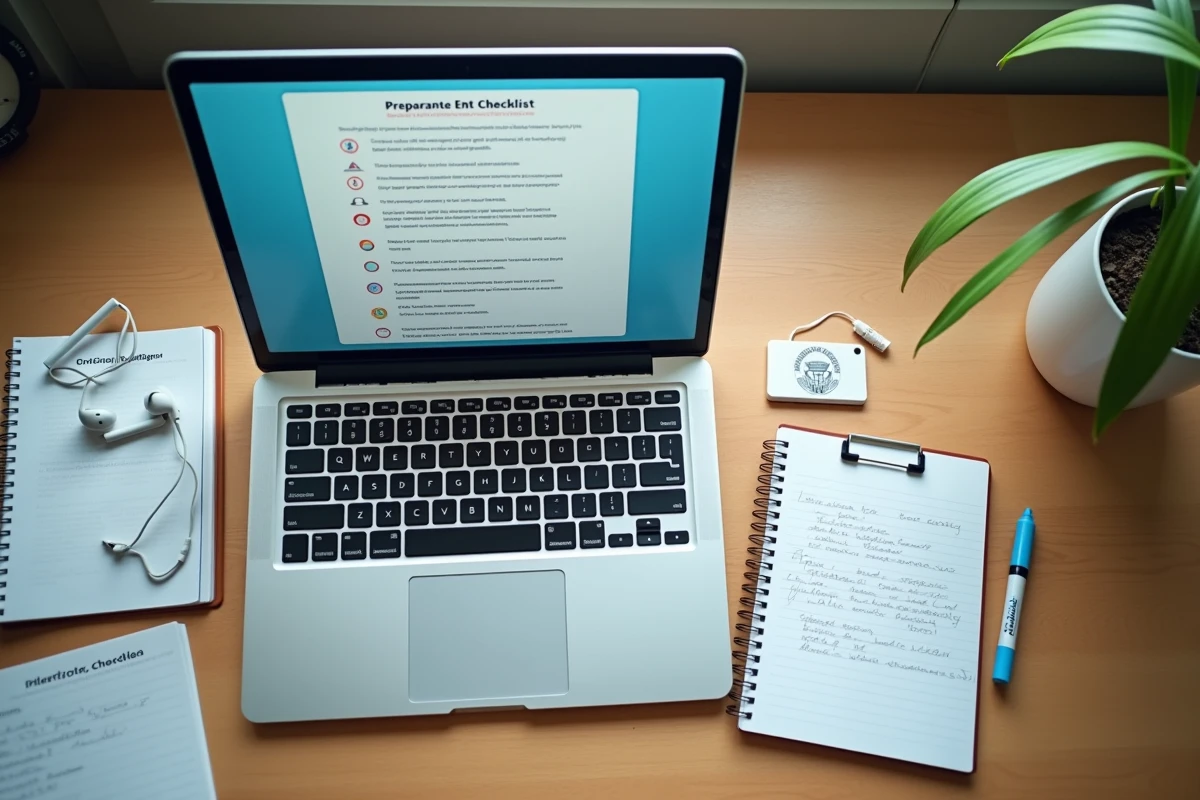 Vue aérienne d'un bureau étudiant avec check-list ENT UTT, carnet de notes et matériel de préparation aux examens en ligne