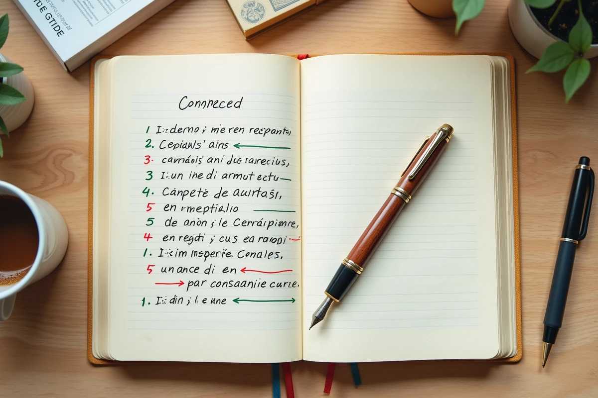 Cahier ouvert avec un paragraphe enrichi de listes de connecteurs logiques annotés à la plume, vue à plat sur un bureau en bois clair