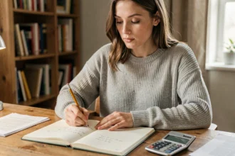 Jeune femme calculant un coefficient à la main dans un carnet, assise à un bureau en bois avec une calculatrice vintage