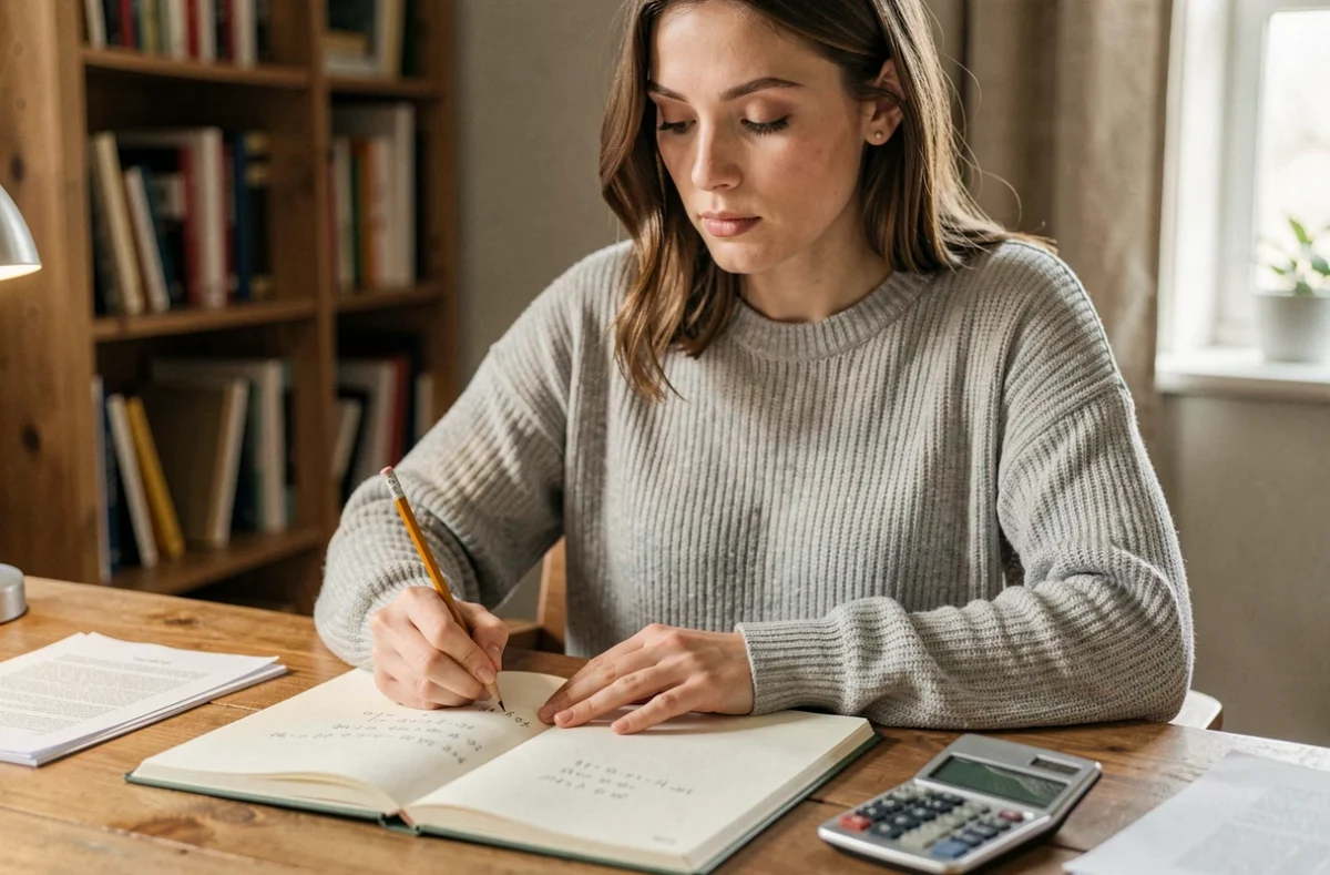 Jeune femme calculant un coefficient à la main dans un carnet, assise à un bureau en bois avec une calculatrice vintage