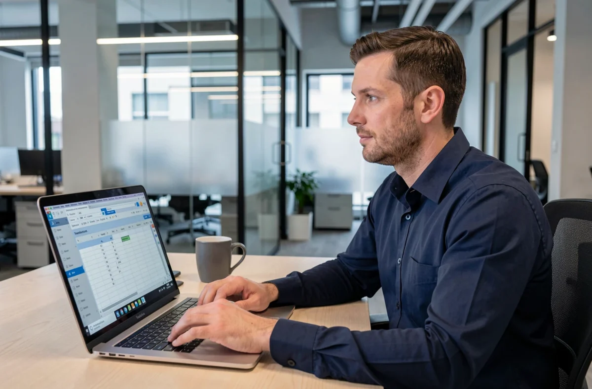 Homme en chemise bleue utilisant un outil en ligne pour calculer un coefficient sur un ordinateur portable au bureau