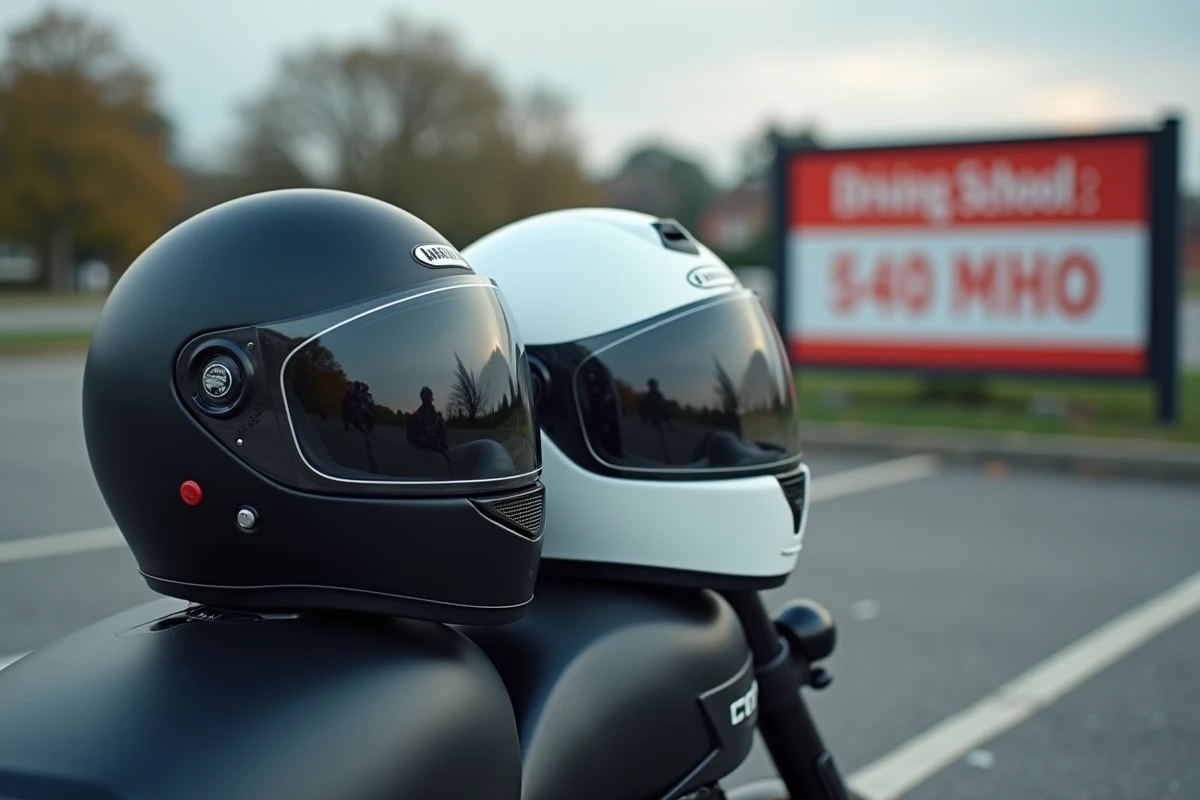 Deux casques moto posés côte à côte sur une moto A2 devant une auto-école, symbolisant le transport en duo