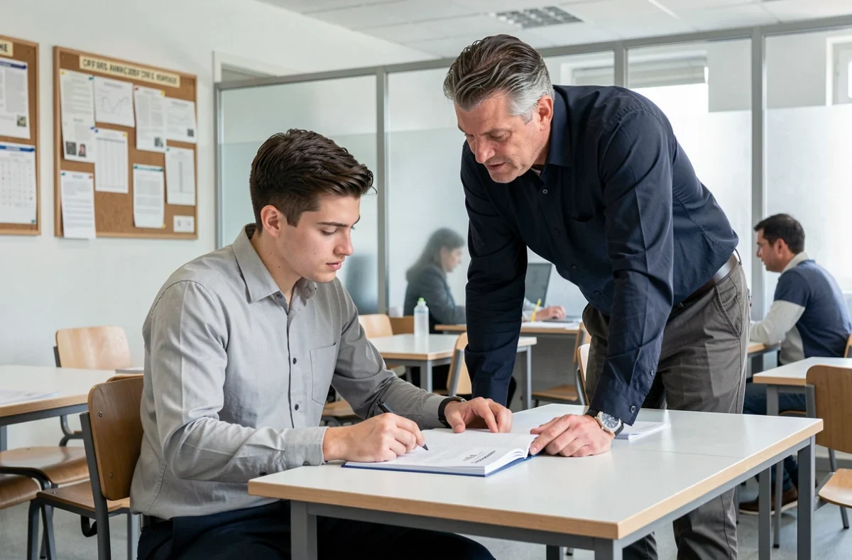 Apprenti et formateur en session de formation dans un CFA, révision d'un dossier pédagogique