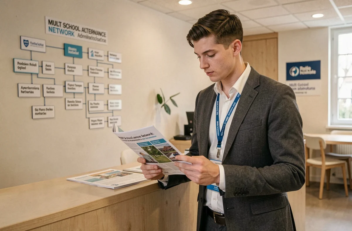 Étudiant consultant le catalogue de formations du CFA SACEF Paris dans un bureau administratif multi-écoles