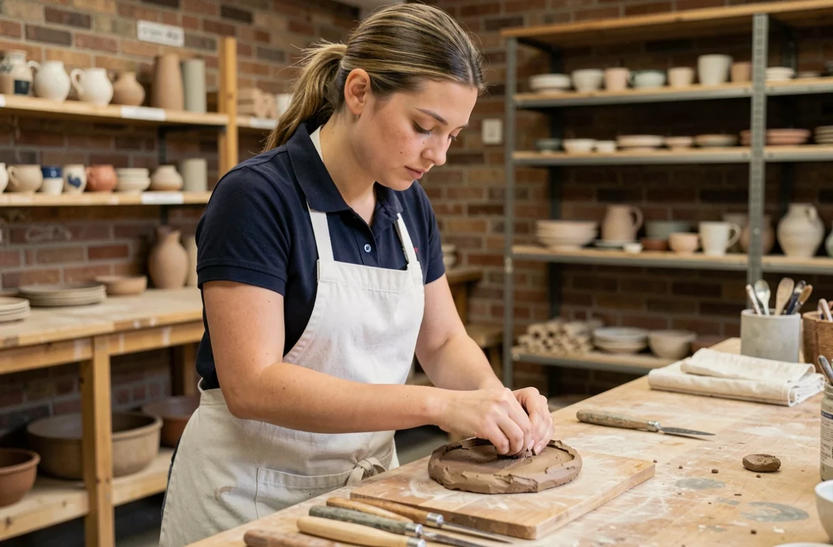Jeune apprentie en formation artisanale à CMA Formation Bobigny, façonnant une pièce en argile dans un atelier