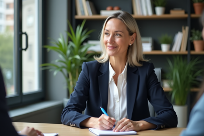 Femme coach en bureau lors d'une conversation attentive