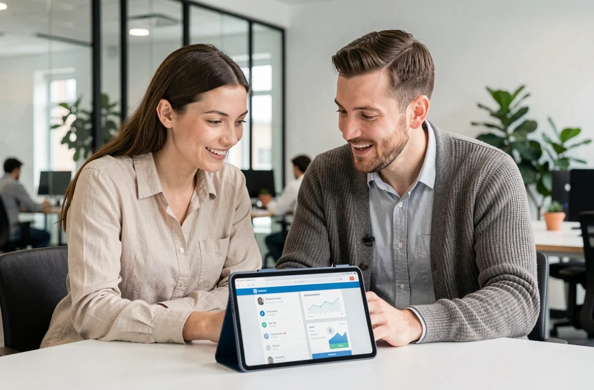 Deux collègues discutant d'un abonnement à une plateforme de formation business sur une tablette dans un espace de coworking