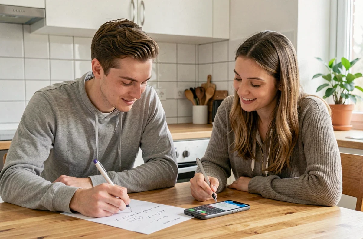 Deux personnes comparant un calcul de coefficient fait à la main et avec un outil en ligne sur smartphone à la maison