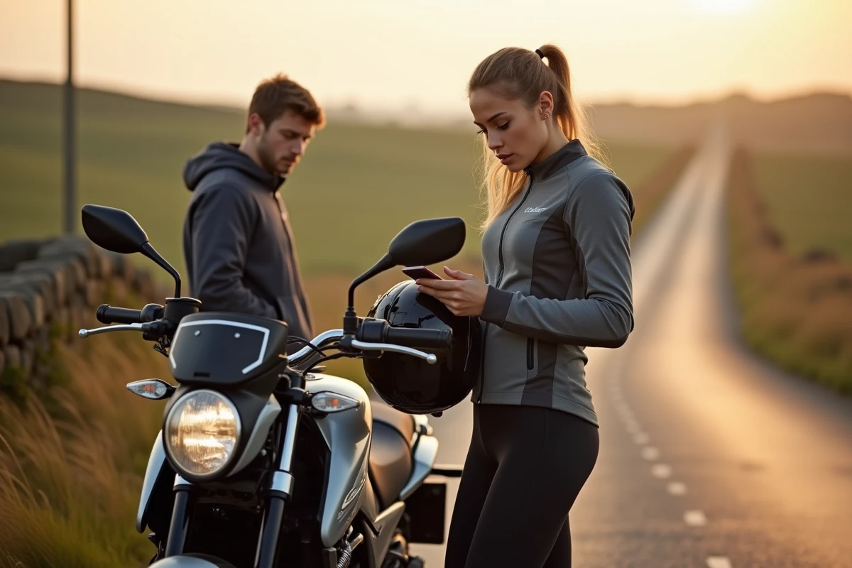 Jeune femme en équipement moto A2 consultant son téléphone sur une route de campagne avec un passager en arrière-plan
