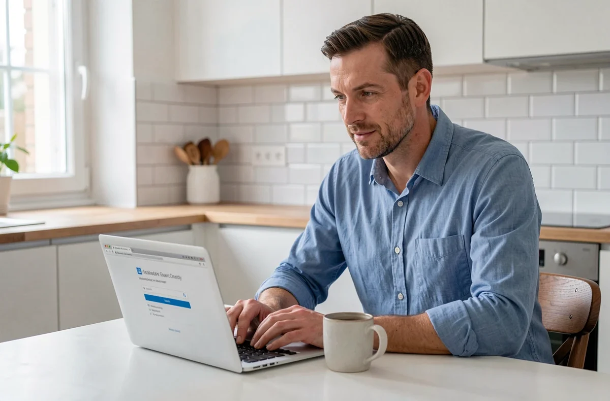 Homme connecté à la messagerie académique depuis son domicile via un navigateur web sur ordinateur portable