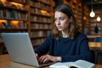 Étudiante se connectant de manière sécurisée à un portail académique sur un ordinateur portable en bibliothèque universitaire