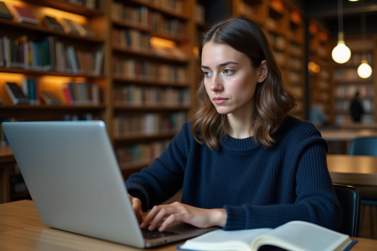 Étudiante se connectant de manière sécurisée à un portail académique sur un ordinateur portable en bibliothèque universitaire
