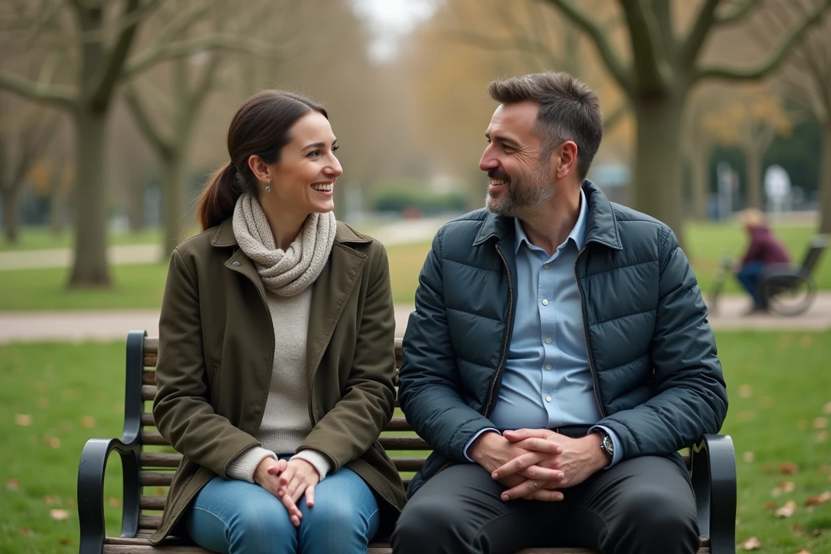 Homme et femme discutant dans un parc urbain en plein air