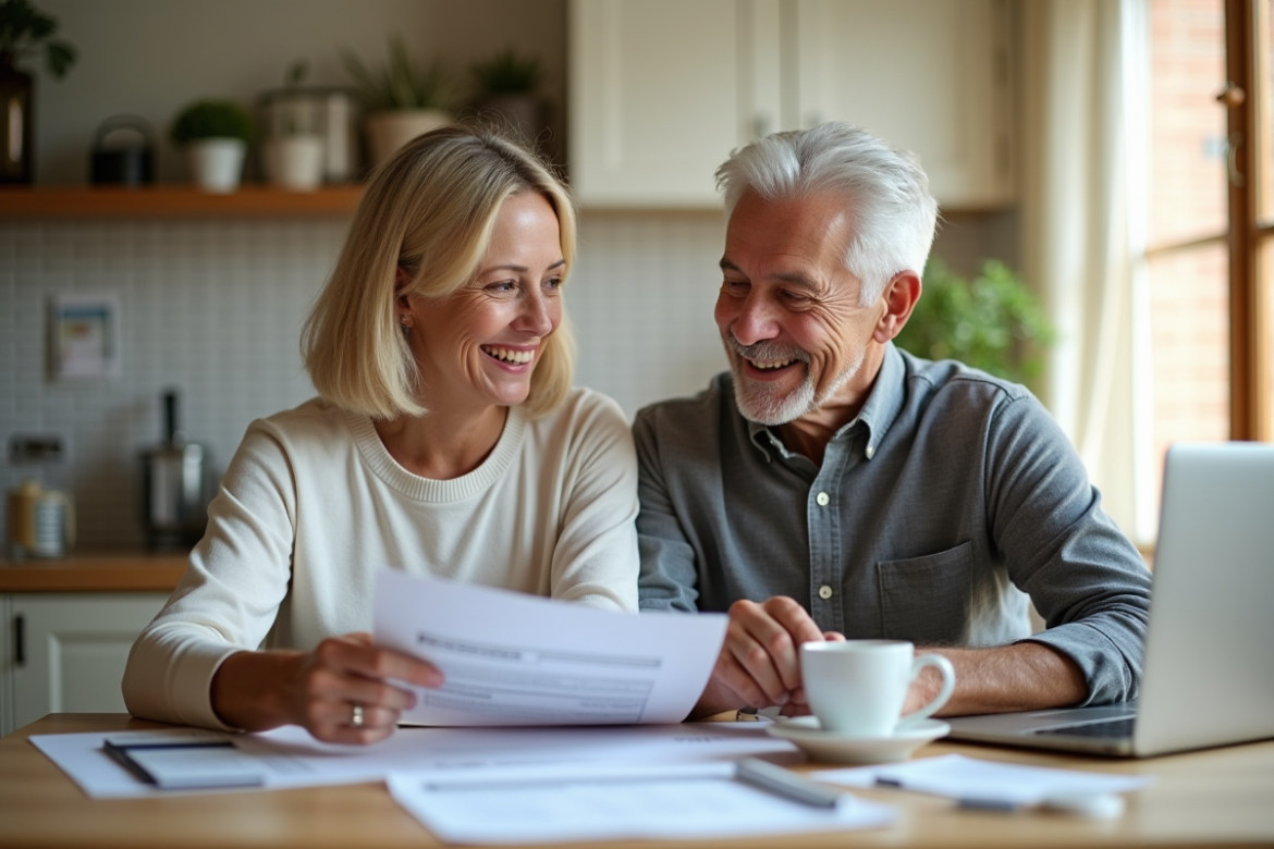Couple senior souriant examinant des documents financiers