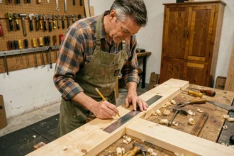 Homme adulte en tablier mesurant une planche en bois dans un atelier de bricolage organisé, cours pratiques de menuiserie