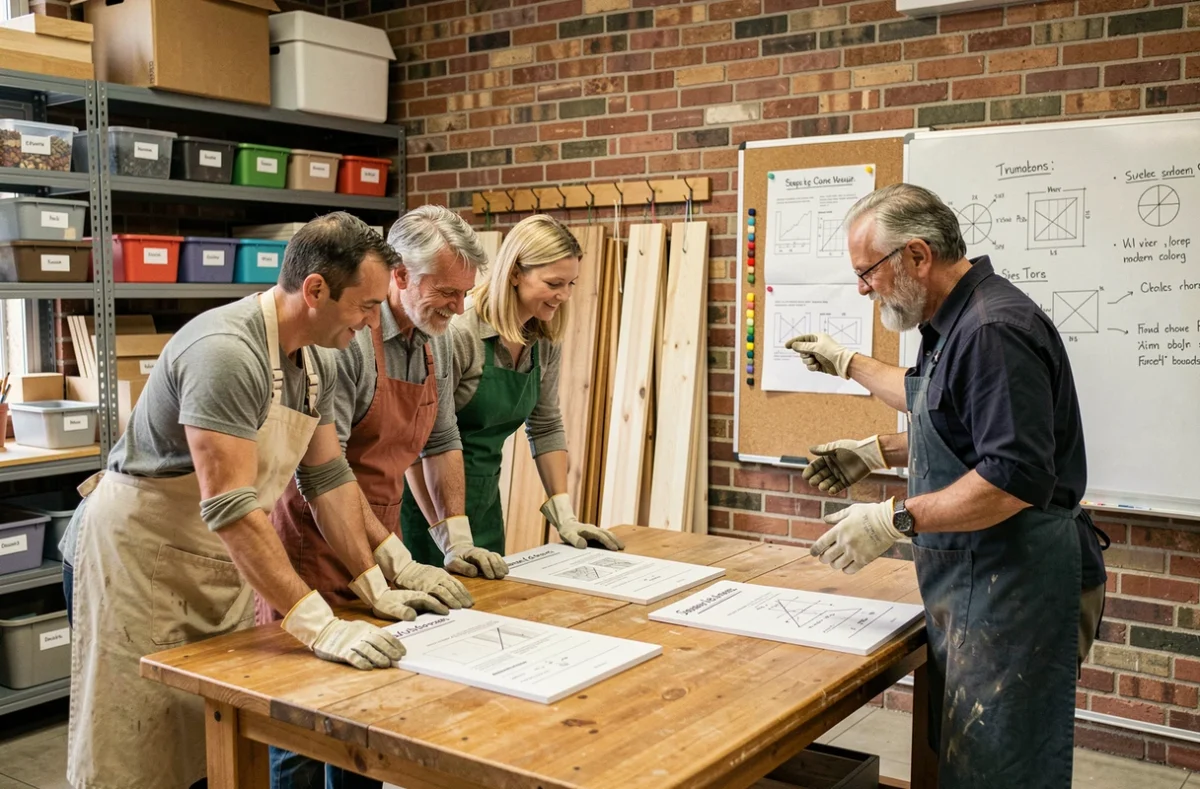 Groupe d'adultes participant à un cours de bricolage collectif animé par un instructeur expérimenté dans un atelier pédagogique