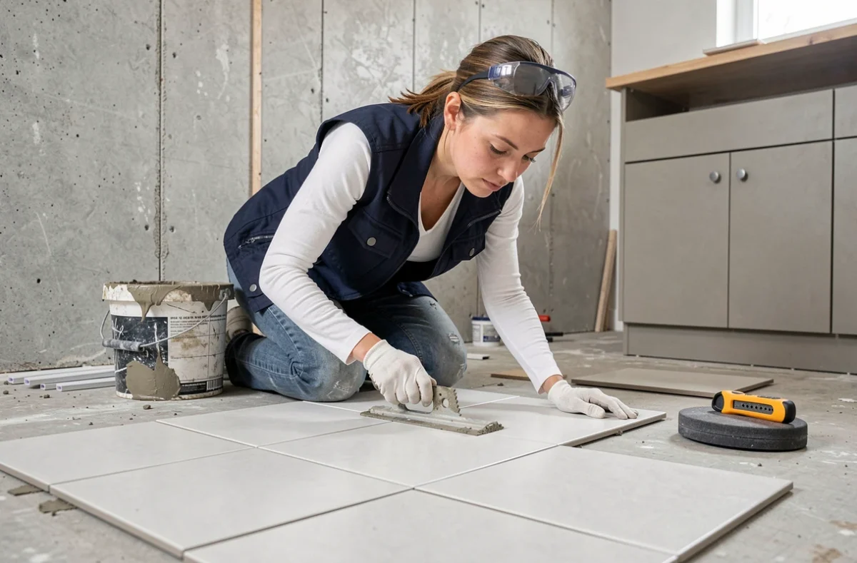 Femme posant des carreaux de carrelage lors d'un cours de bricolage pratique en rénovation intérieure