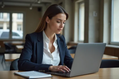 Femme professionnelle suivant un cours digital Paris dans un espace de coworking moderne