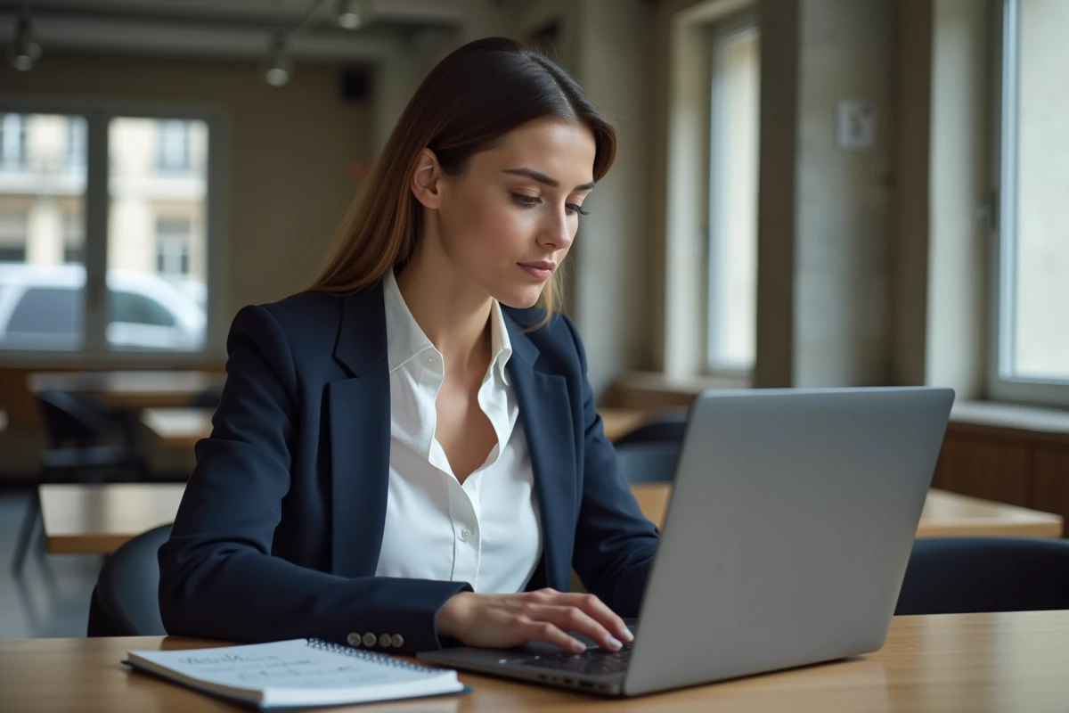 Femme professionnelle suivant un cours digital Paris dans un espace de coworking moderne