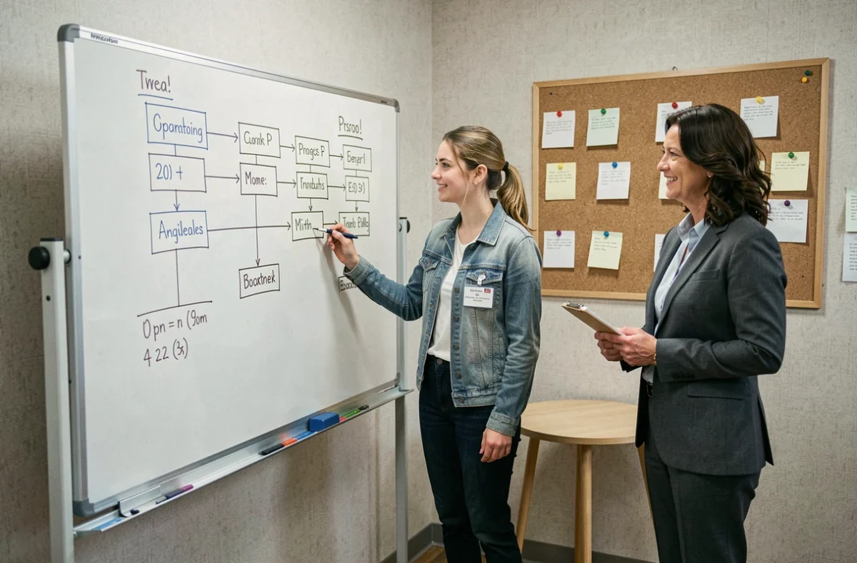 Une stagiaire débutante inscrit des jalons sur un tableau de progression supervisée, illustrant l'évolution documentée au fil du stage
