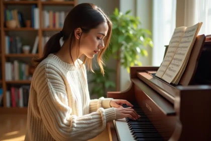 Femme débutante apprenant le piano seule chez elle, lisant des partitions avec une expression détendue