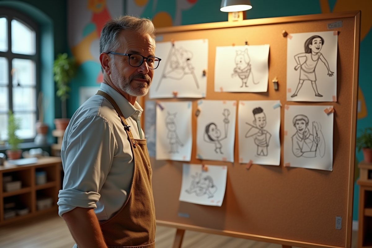 Artiste avec tableau de storyboards et designs d