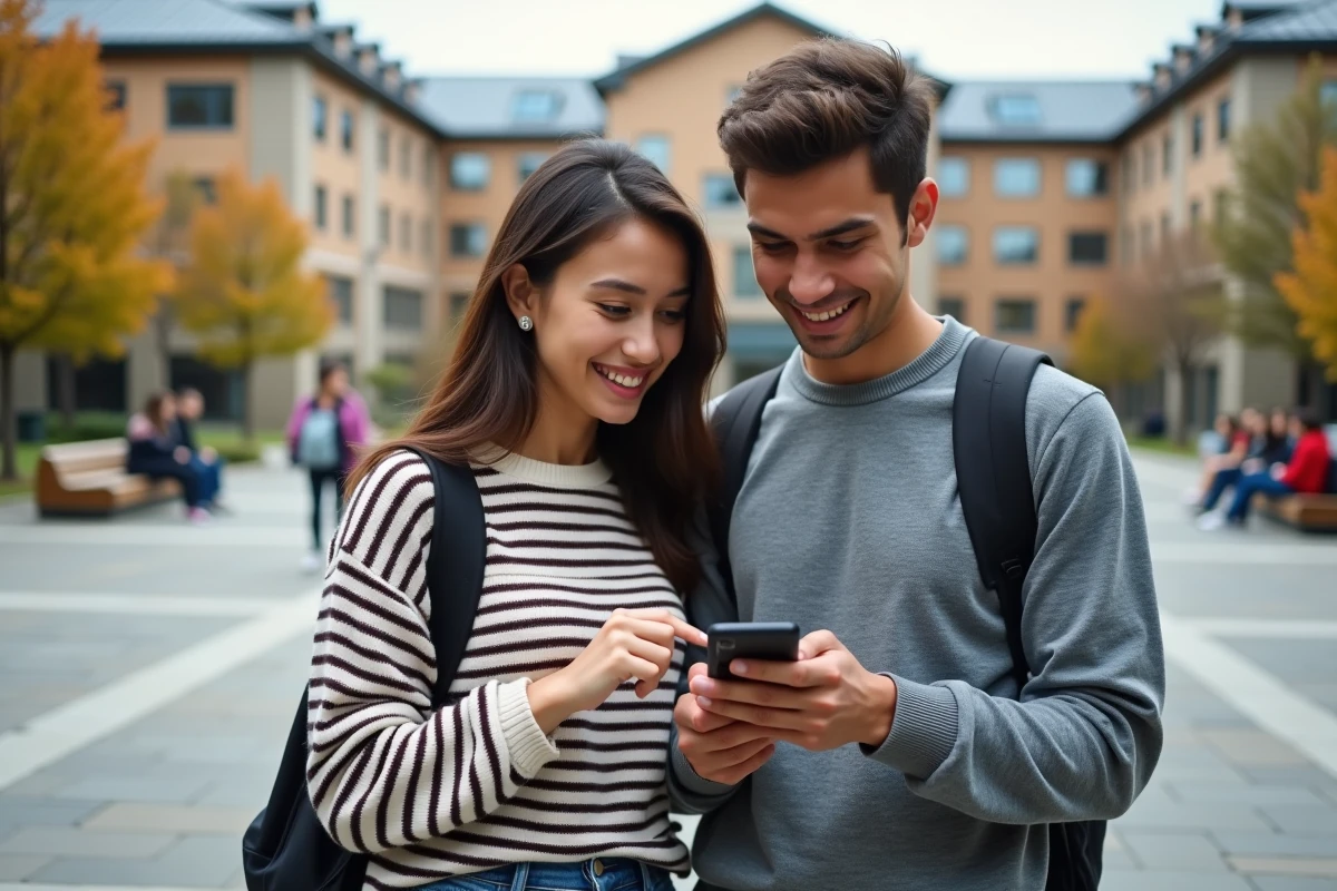 Deux étudiants consultant ensemble un emploi du temps HYPERPLANNING sur smartphone dans la cour d'un campus universitaire