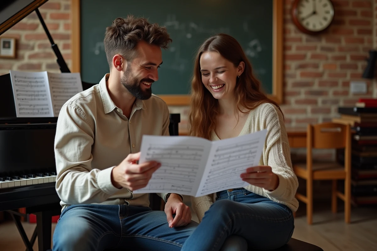 Deux jeunes adultes apprenant le piano ensemble dans une salle de musique, riant en lisant une partition