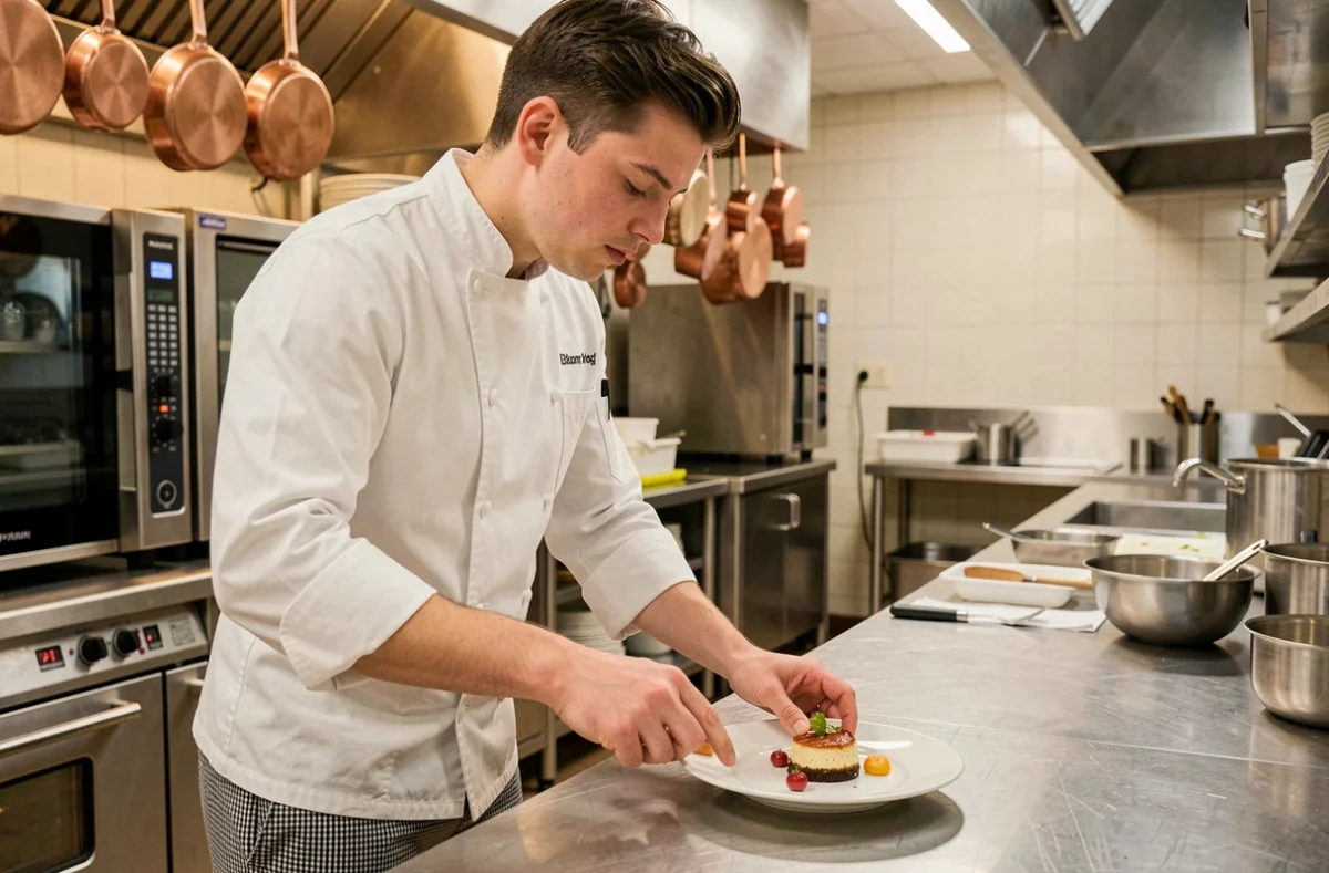 Apprenti cuisinier en tenue de chef dressant une assiette dans la cuisine de formation de l'école hôtelière ECOFIH