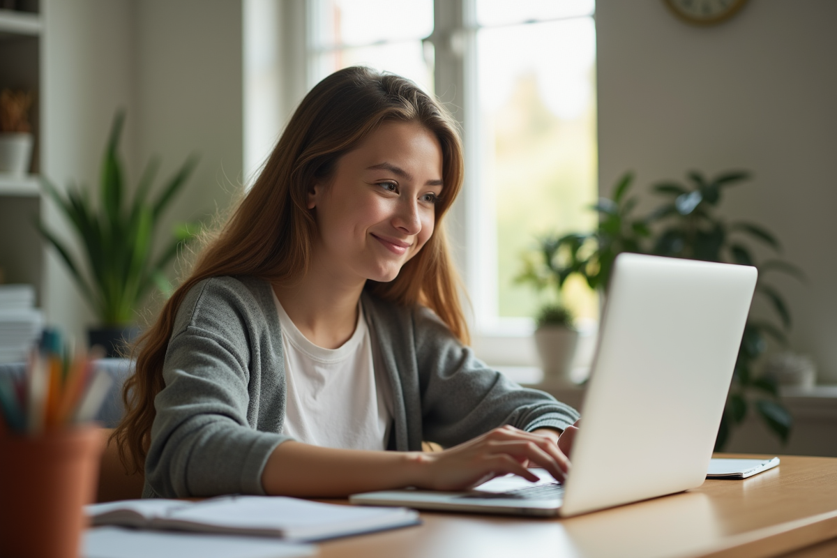 Etudiant confiant étudiant à domicile avec ordinateur