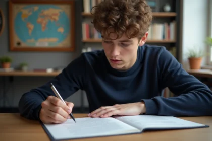 Jeune lyceen français en étude concentrée à son bureau
