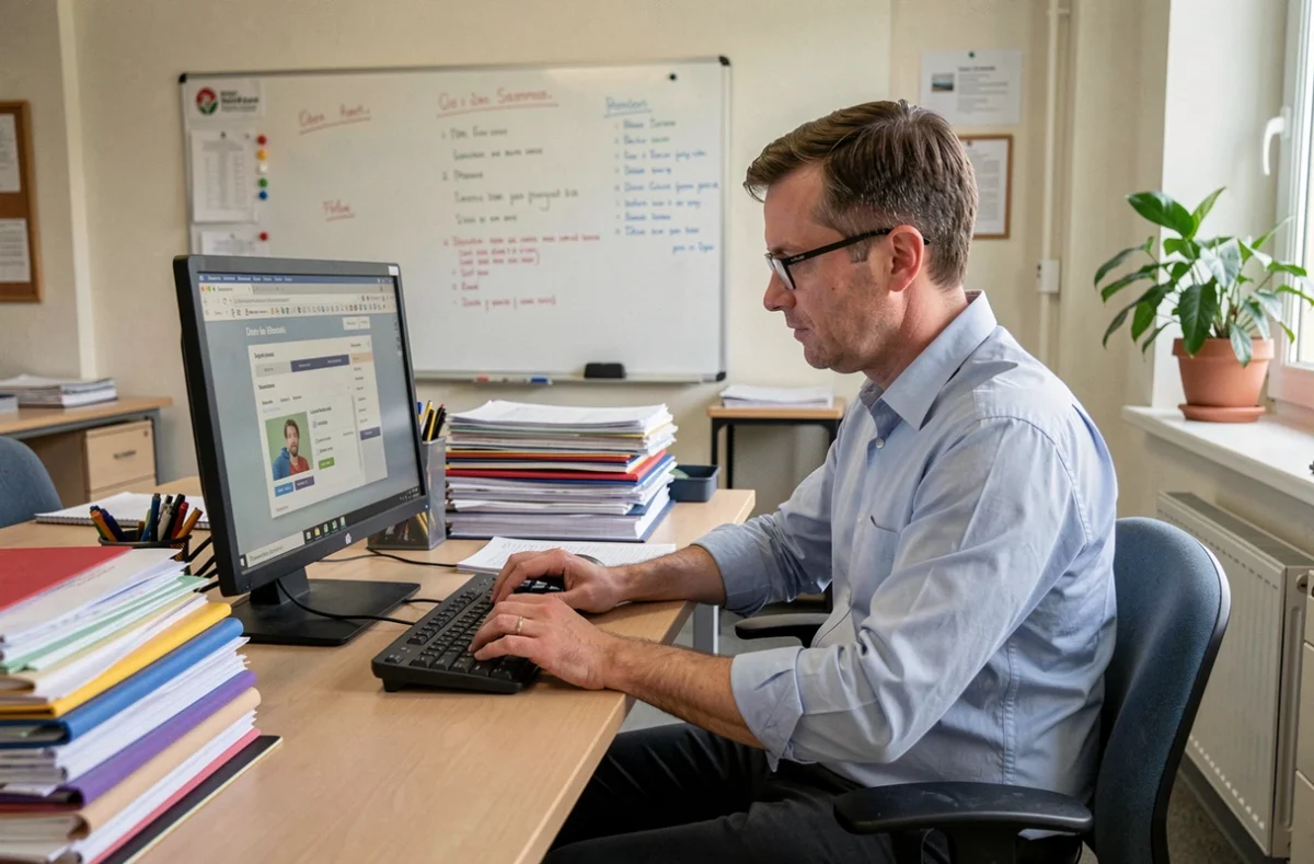 Enseignant accédant à la plateforme Arena Académie Montpellier depuis un ordinateur de bureau dans une salle administrative d'école