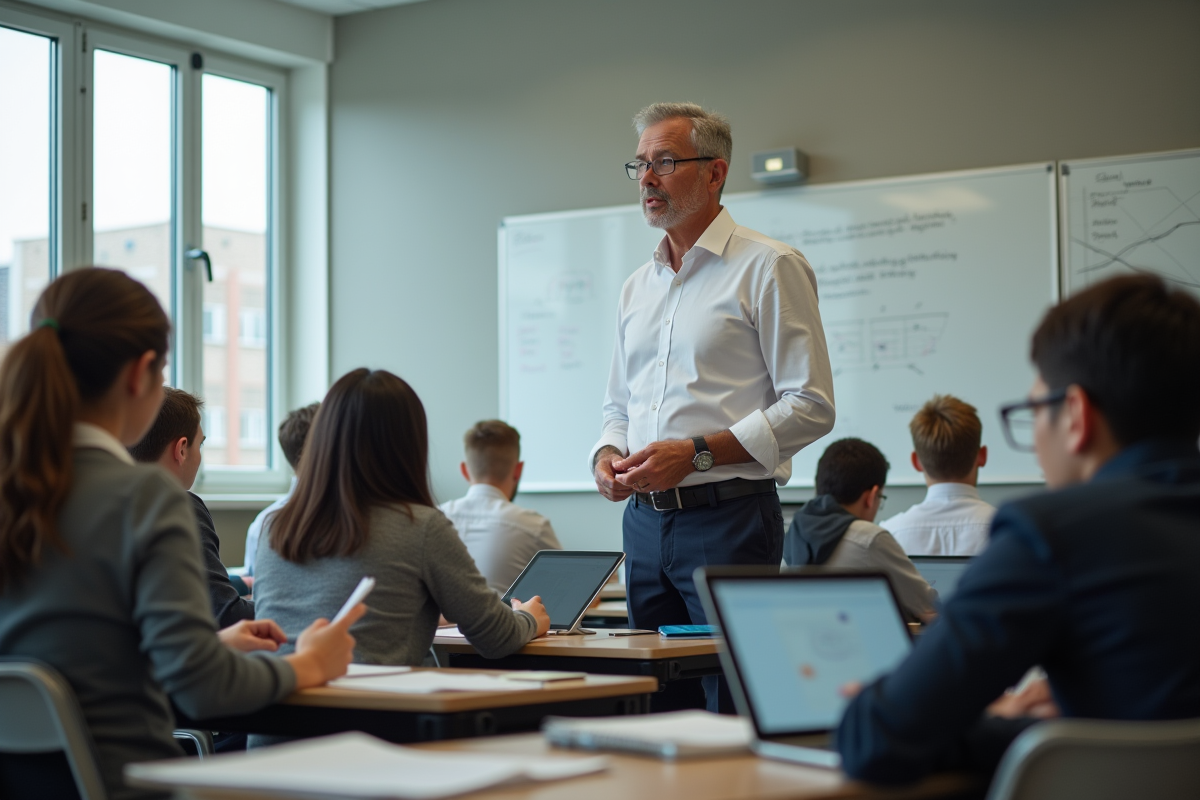 Professeur avec élèves utilisant tablettes en classe